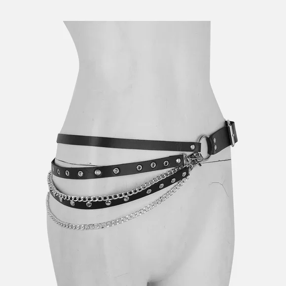 Plus Size☆ Edgy Punk Goth Black Multi-layer Chain And Stud Vegan Leather Belt - Picture 8 of 16